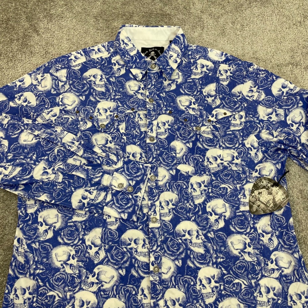 Rock Roll n Soul Shirt Mens 2XL Skull Rose Button Up Blue NWT